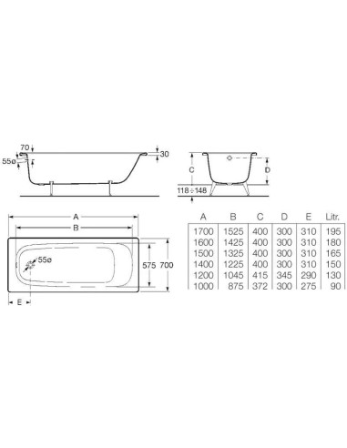 BAIGNOIRE ACIER EMAILLE CONTESA  DIM 170*70CM ROCA