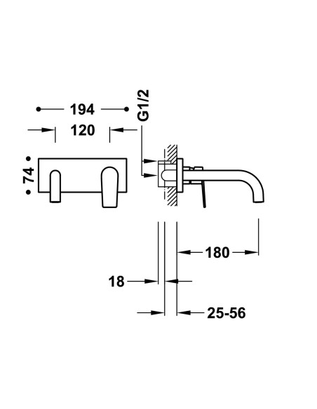 MITIGEUR ENCASTRÉ AVEC BEC DE 190CM  POUR LAVABO PROJECT-TRES GRIFERIA