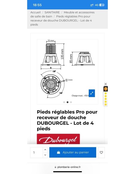 PIEDS REGLABLES POUR RECEVEUR DE DOUCHE -DUBOURGEL