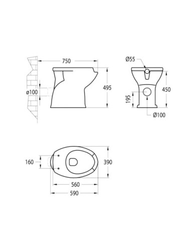 WC ERGONOMIQUE POUR SORTIE HORIZONTALE AVEC RESERVOIR ET COUVERCLE POUR WC PMR NOFER
