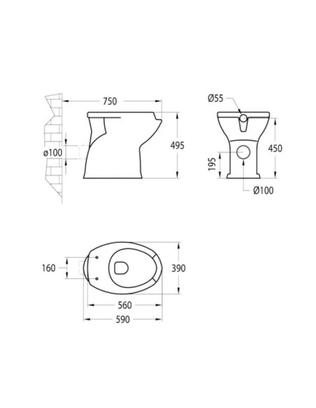 WC ERGONOMIQUE POUR SORTIE HORIZONTALE AVEC RESERVOIR ET COUVERCLE POUR WC PMR NOFER